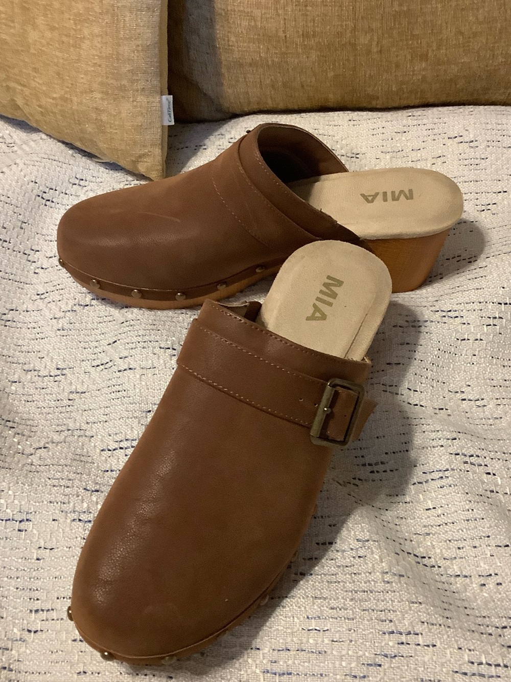 MIA Tan Brown Leather Slip-On Clog Mules with Buckle
